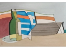 Gouache painting, picnic, boats, bryan harford