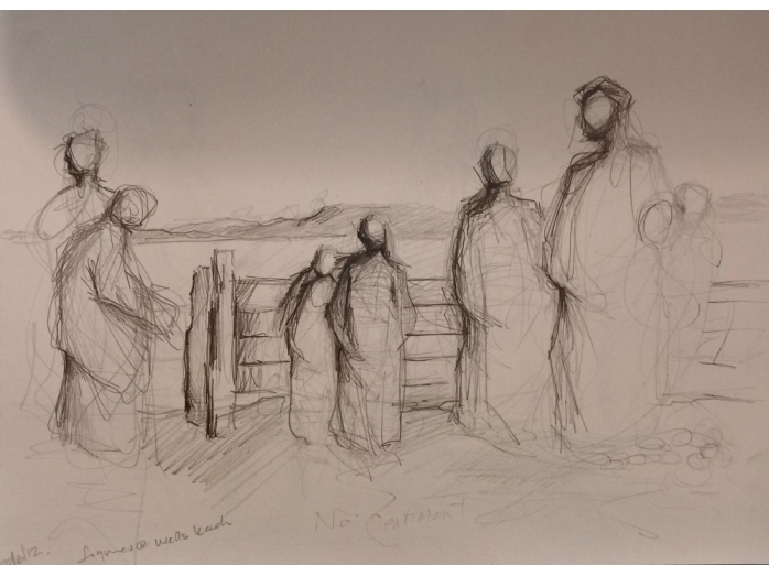 pencil drawing, wells beach, norfolk, bryan harford, figures