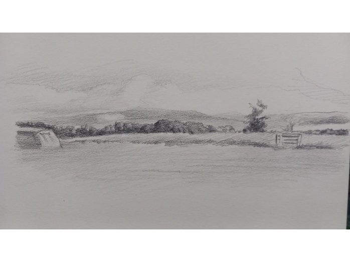 7pencil drawing, cumbria, low greenside campsite, Kirby Stephen, landscape, Bryan Harford